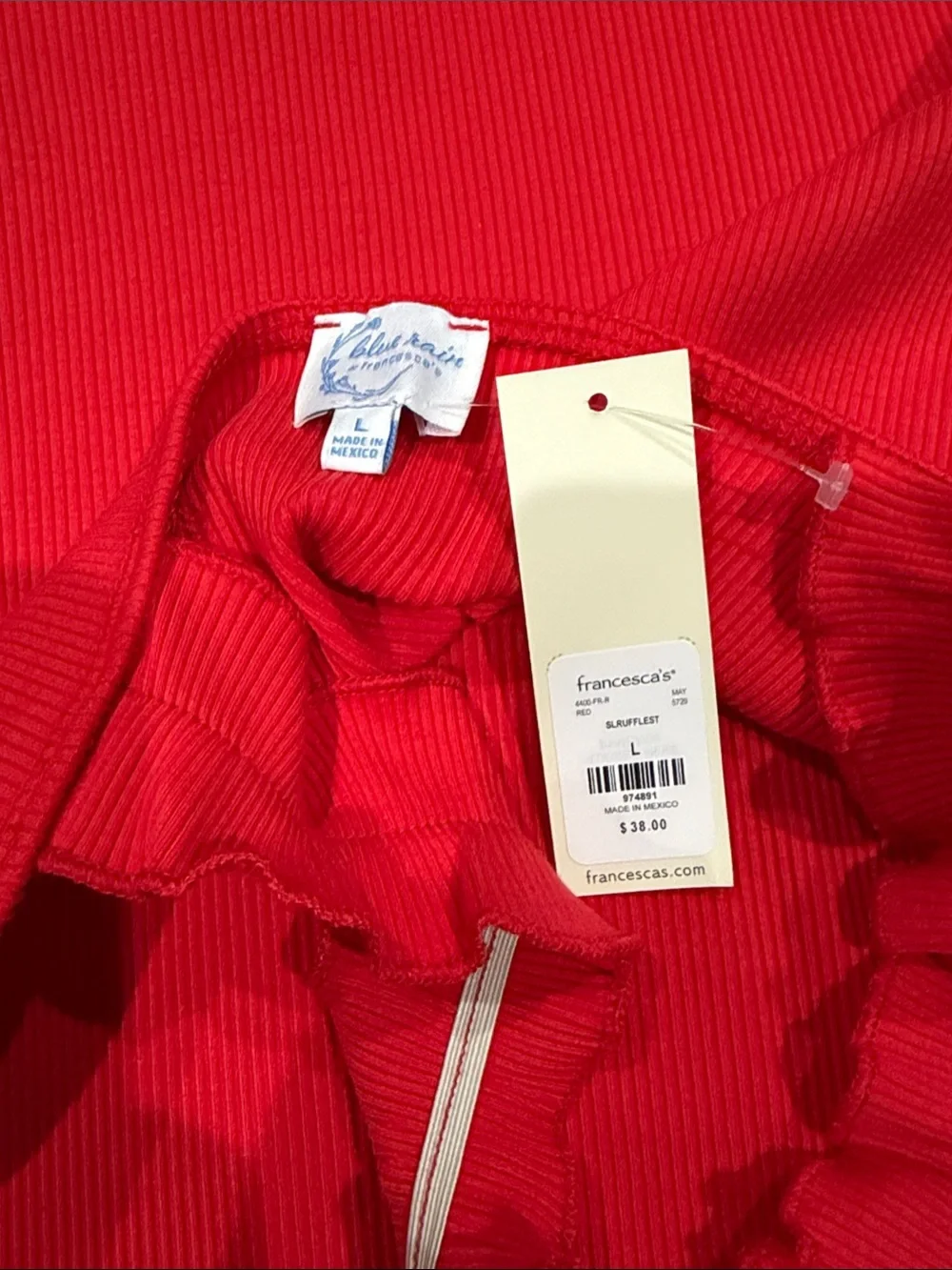 Francesca's Collections Red Ribbed Ruffle Mock-Neck Bodysuit - Picture 2 of 2